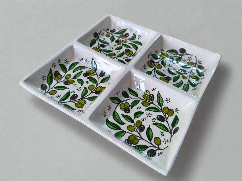 Handcrafted Ceramic Serving 4-Section Tray | For Nuts, Dips, and Appetizers | 9