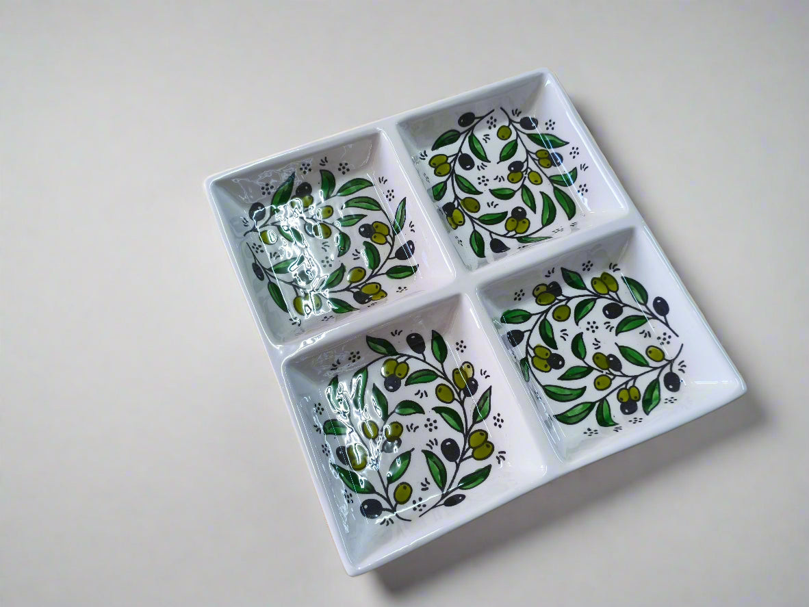 Handcrafted Ceramic Serving 4-Section Tray | For Nuts, Dips, and Appetizers | 9