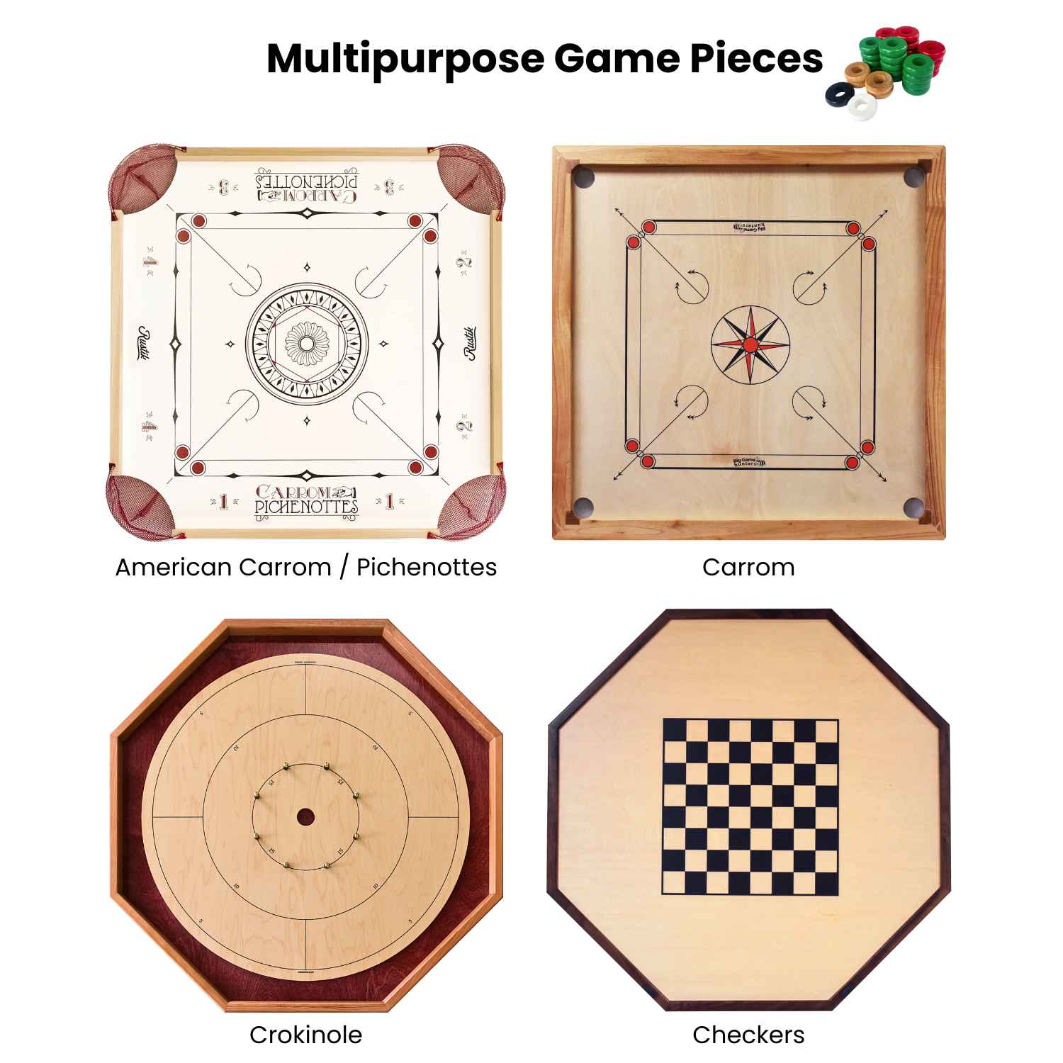 32 Red and Green Carrom / Pichenotte / Croquignole Rings - (Red / Green/ Natural/ Black / White) - Anneaux De Pichenottes - Game Accessories / Accessoires De Jeu