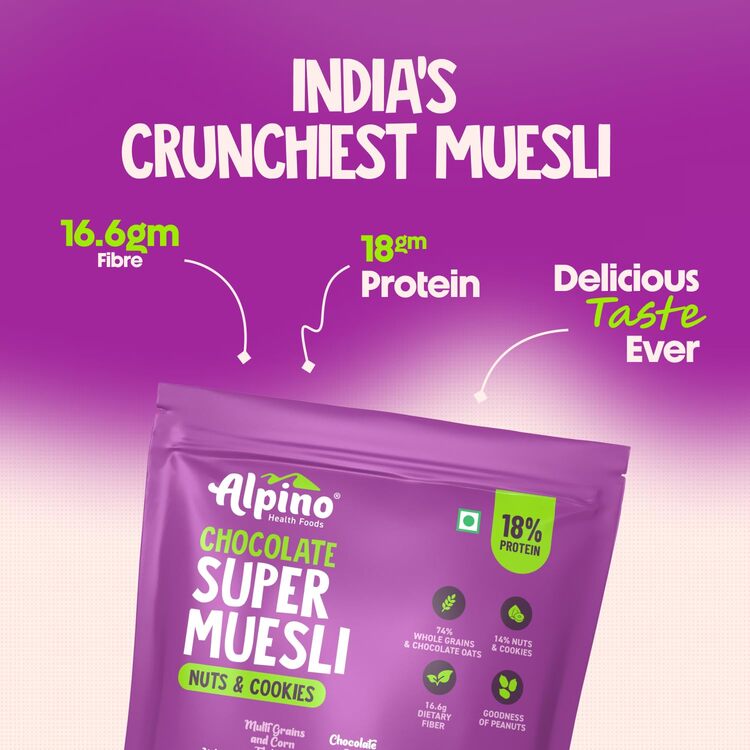 Super Muesli Riche en Protéines au Chocolat 400g – 61% de Céréales Entières, 14% de Fruits à Coque - 17% de Protéines, Source de Fibres Alimentaires et de Lipides Saines