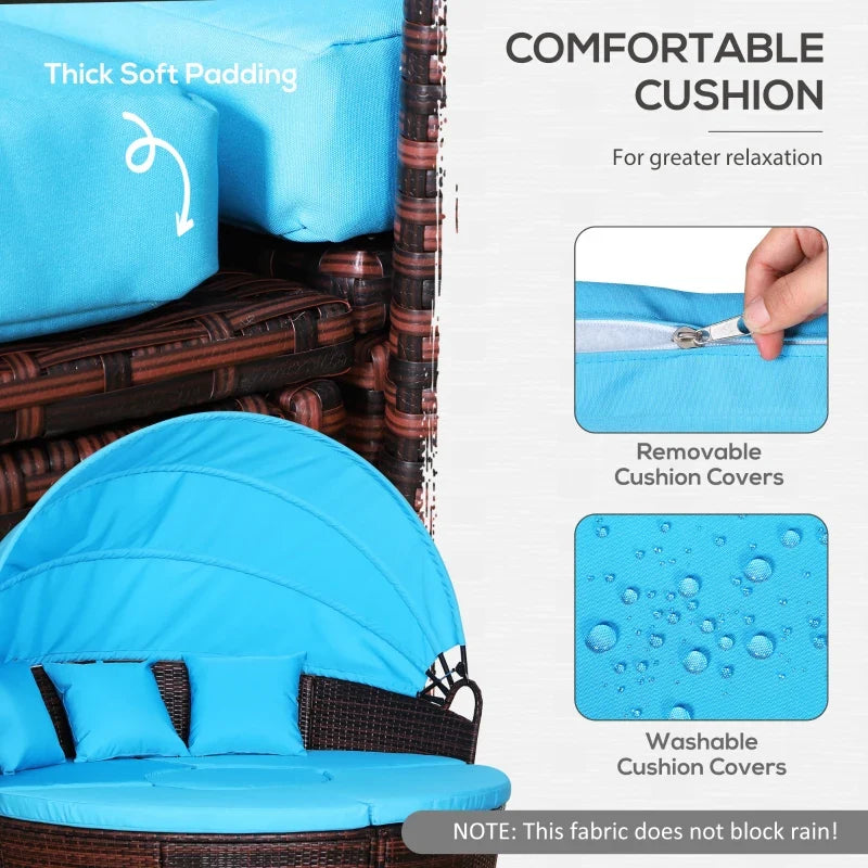 Outsunny 4 Pieces Outdoor Daybed with Retractable Canopy, PE Rattan Wicker Round Sofa Day Bed, Patio Sectional Conversation Furniture Set with Cushions and Pillows, Light Blue