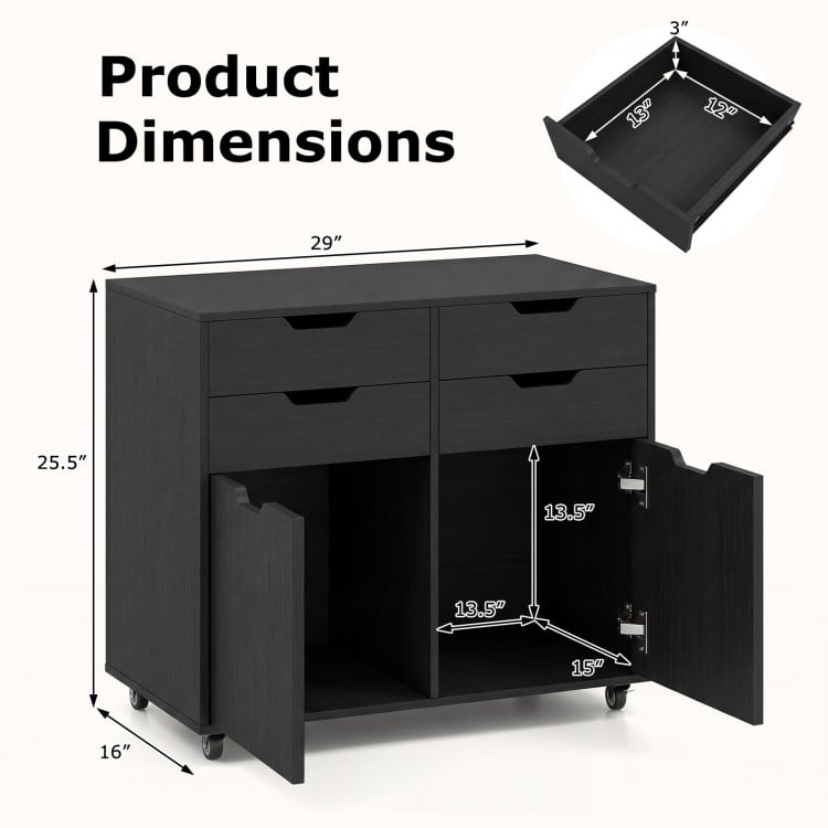 4 Drawer File Cabinet with Wheels for Home Office Organization-Black