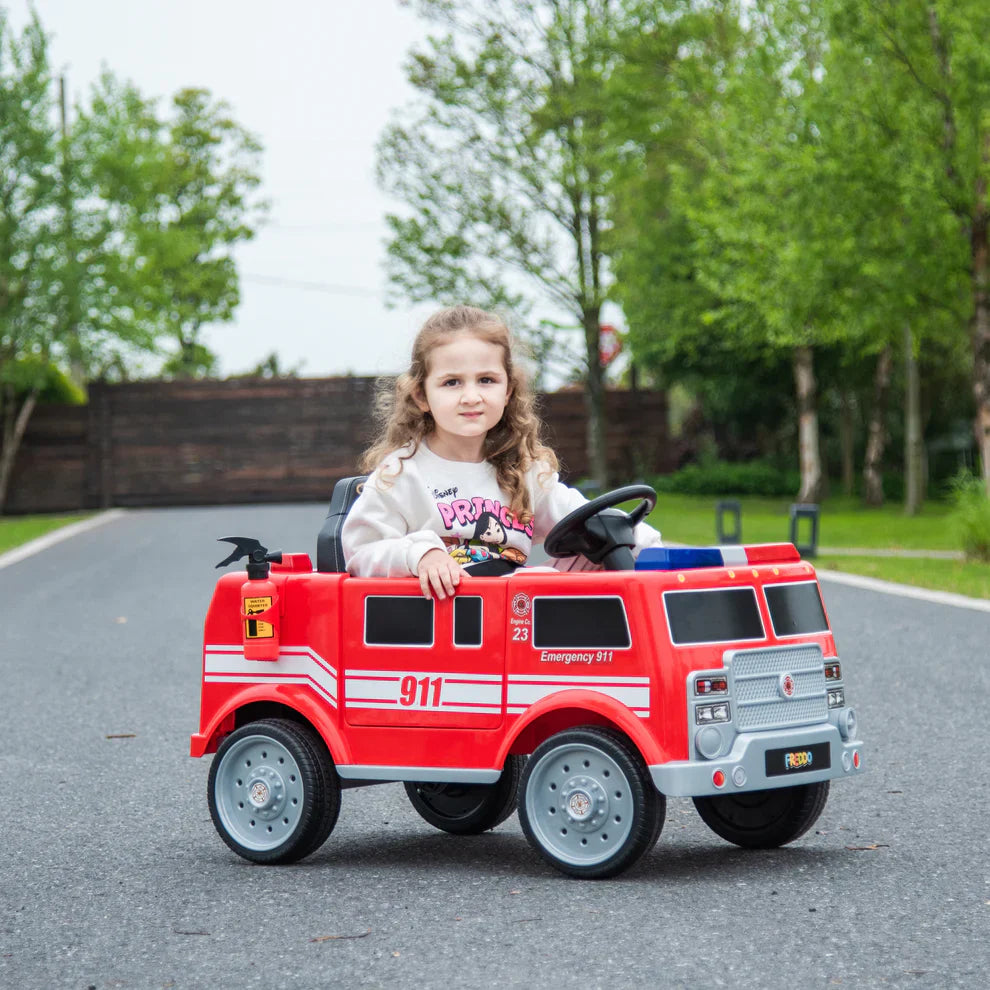 Voiturette électrique pour enfant 2025, modèle camion de pompier 12V DELUXE, avec télécommande.