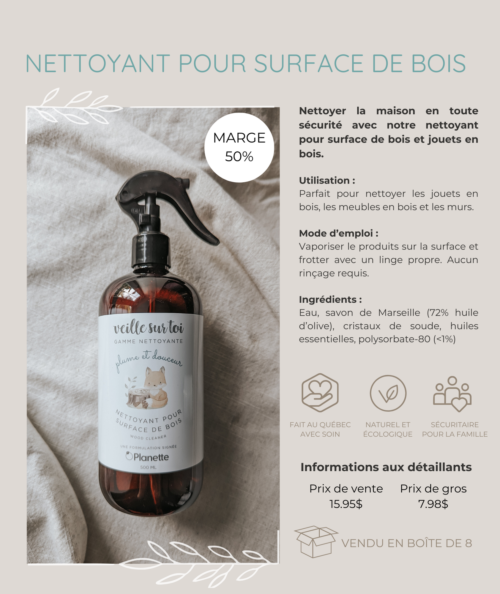 Cleaning line - Wood surface cleaner - 500 ml - Box of 8 - Veille sur toi & Planette