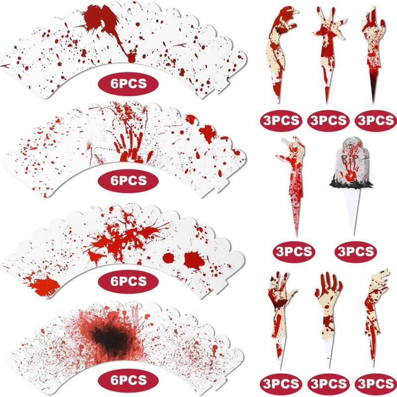 48Pcs Halloween Cupcake Toppers Wrappers Rip Kit Bloody Zombie Hand Cupcake Pick Decorations For Halloween Horror Movie Bloody Theme Birthday Party Cake Decorations Supplies