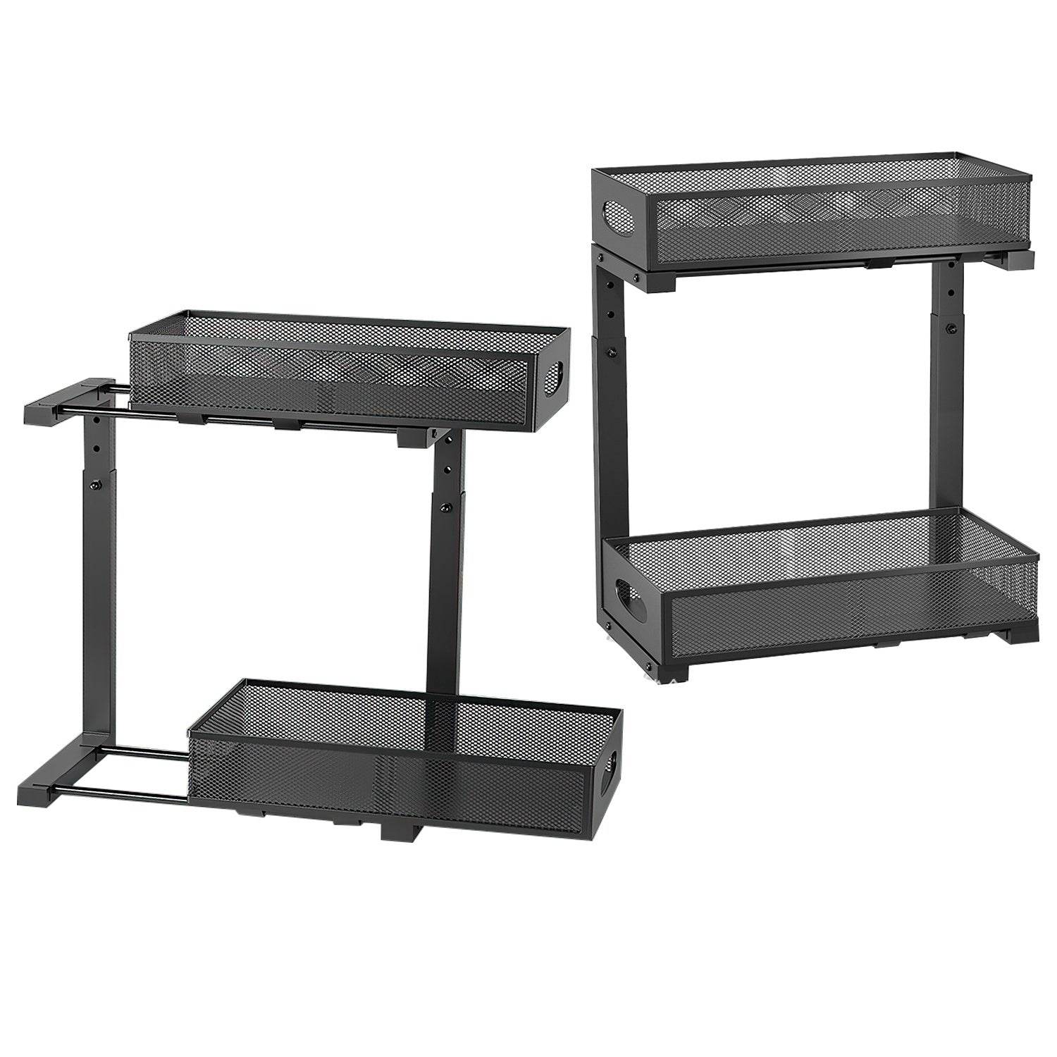 2Pcs Under Sink Organizer 2 Tier Pull Out Cabinet Baskets Storage Shelf Sliding Storage Drawers Rack With 5 Adjustable Height Mesh Baskets For Home Kitchen Bathroom Office