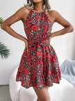 Casual Spring Summer Tie Belt Halter neck Swing Floral mini dress