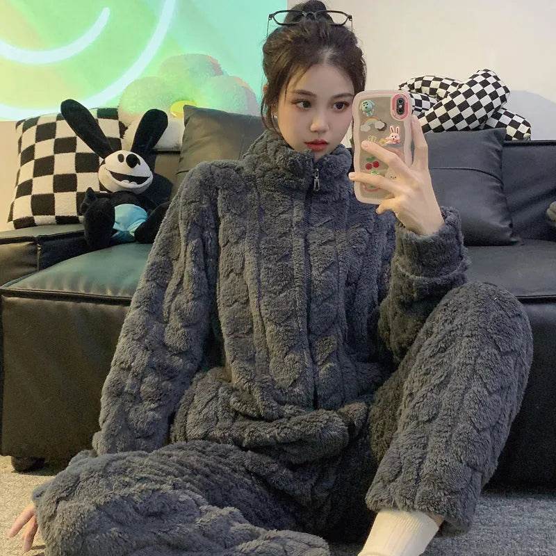 Woolen Pajama – Soft Flannel Stand Collar Cardigan Set for Home & Sleep