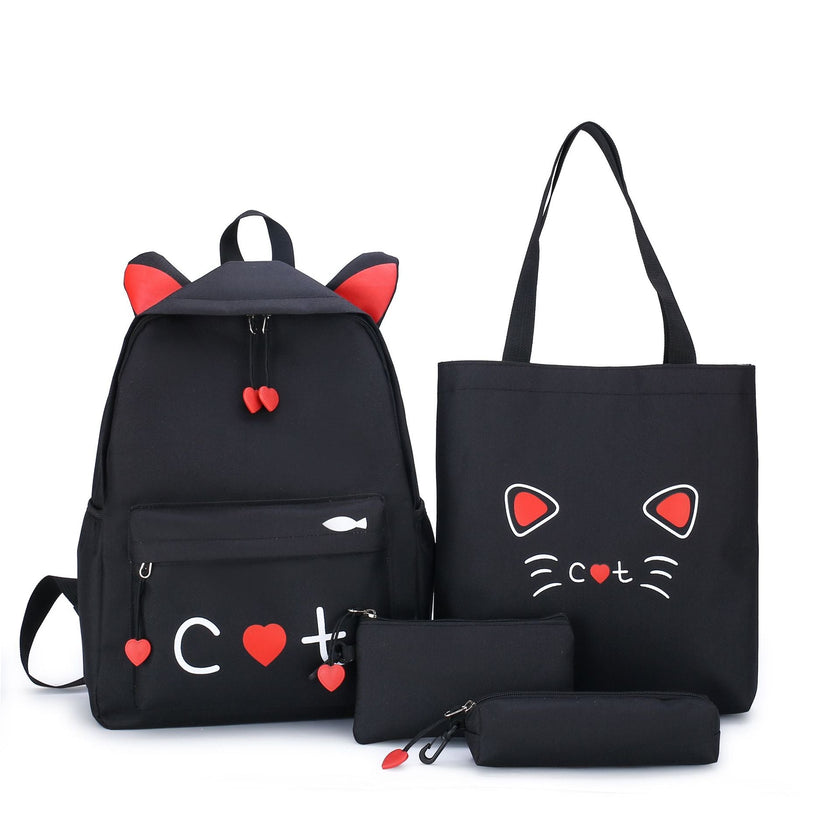 Cat Print 4-Piece Canvas School Backpack Set – Girls' Back-to-School Bag (Yellow, Grey, Black, Pink)