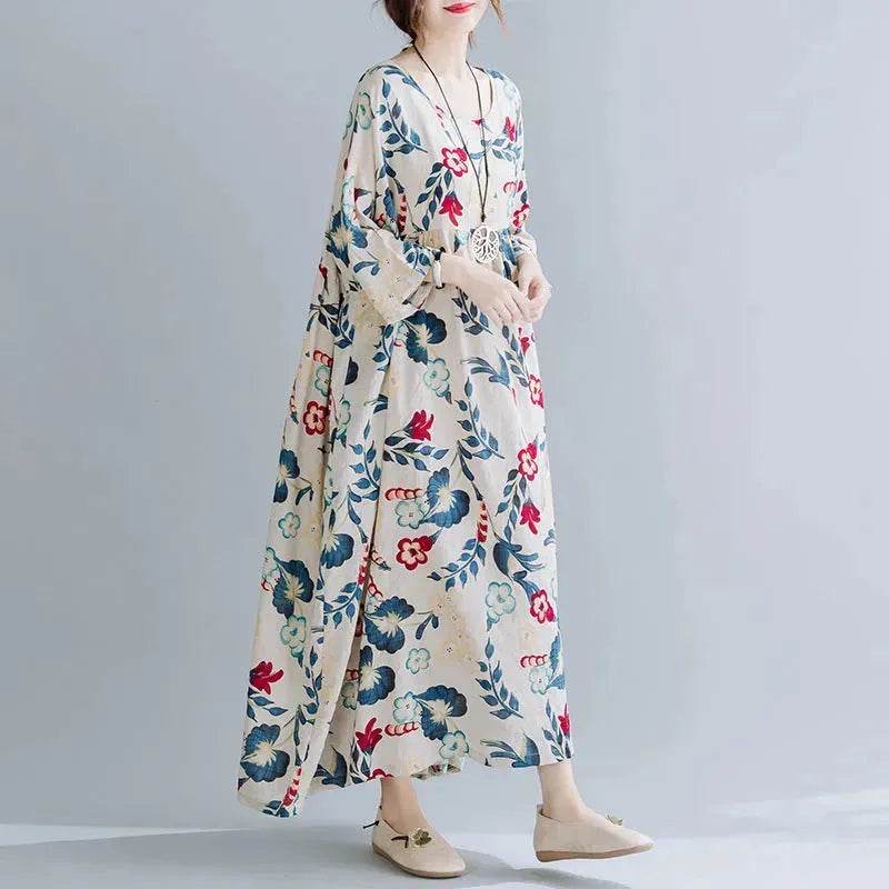 Plus Size Loose Panel Cotton Linen Print Short Sleeve Mum Maxi Dress
