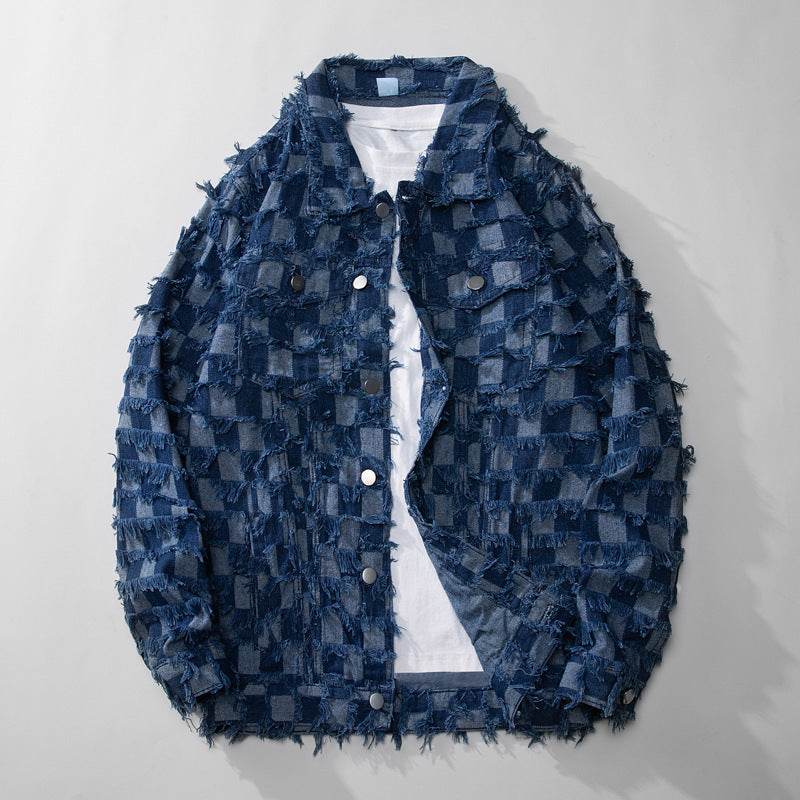 Luxury Hip pop Plaid Checkered Tassel fringe Oversized Denim Jacket for men