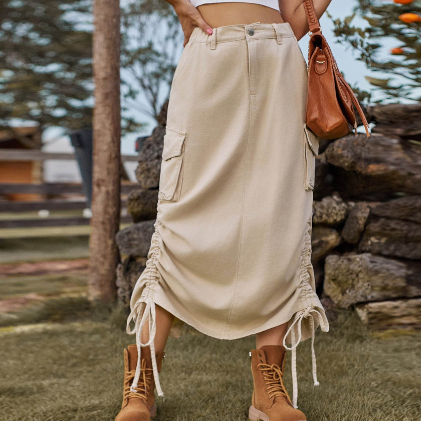American-style Casual Denim Drawstring Midi Cargo Skirt