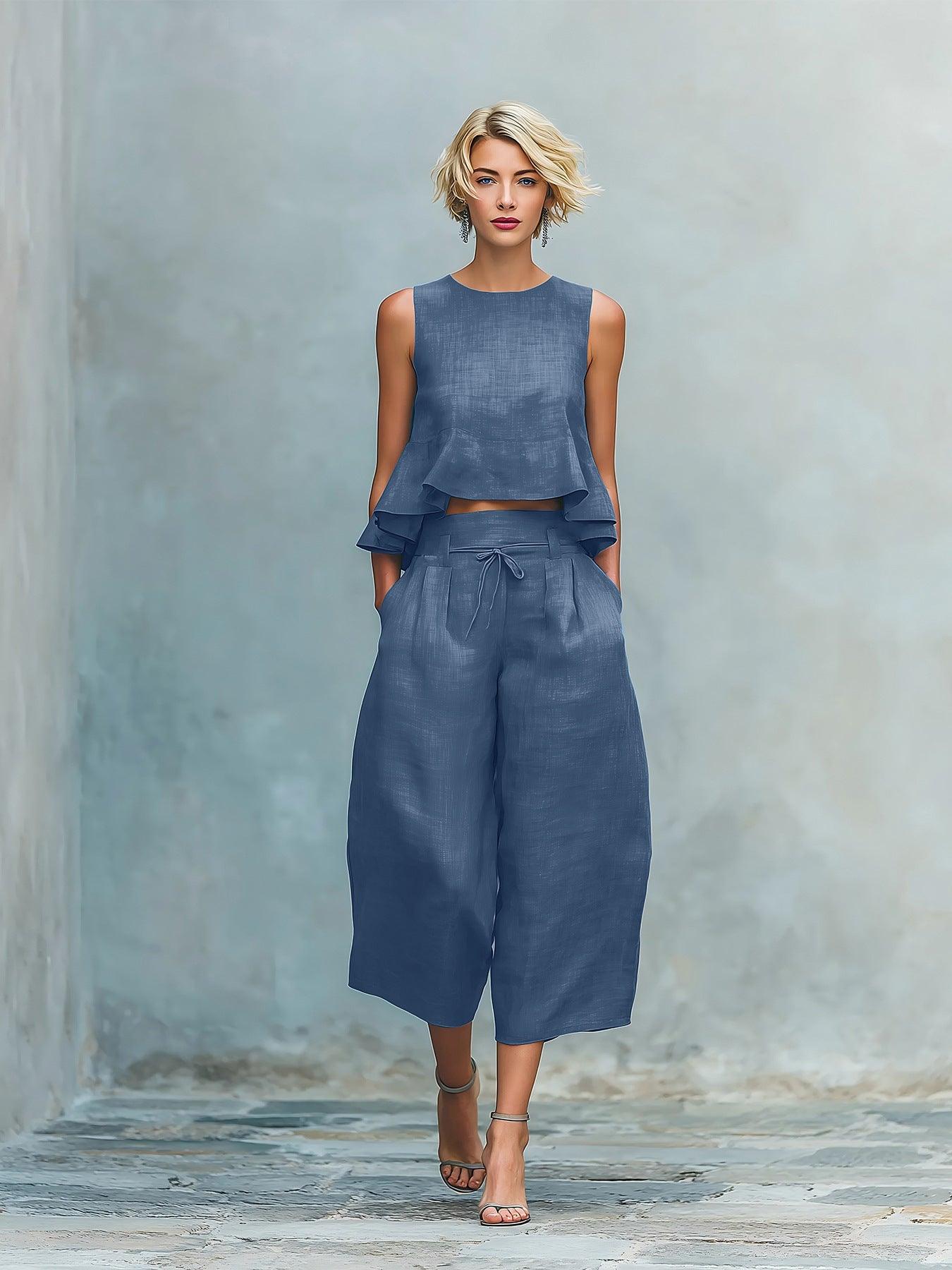 Women's 2 Piece Casual Linen Outfit Ruffle Top & Wide-Leg Pants