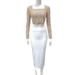 2-Piece Beaded Mesh Long-Sleeve Top and Midi Pencil Skirt Work Set