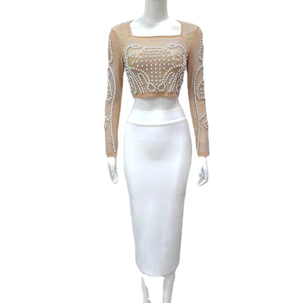 2-Piece Beaded Mesh Long-Sleeve Top and Midi Pencil Skirt Work Set