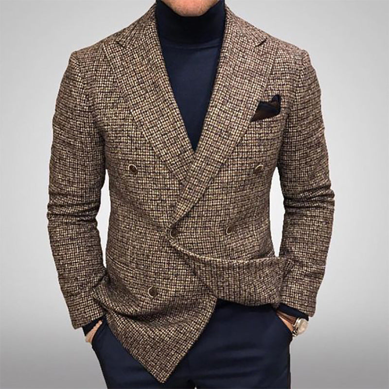 Men's Slim Fit Plaid Double-Breasted Blazer – Business Casual Jacket (2 Colors, S–XXXL)
