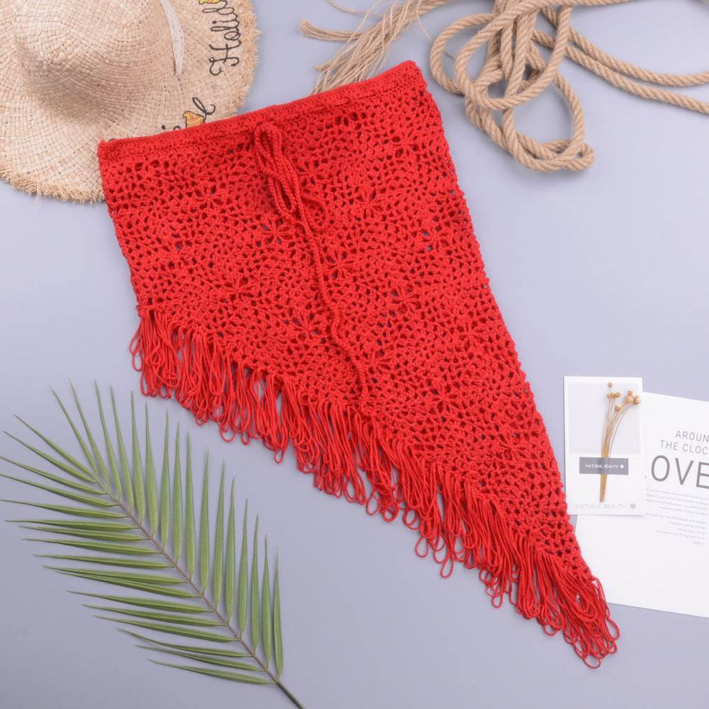 European And American Women's See Through Hollow Knitted tassel fringe Slant Beach Skirt