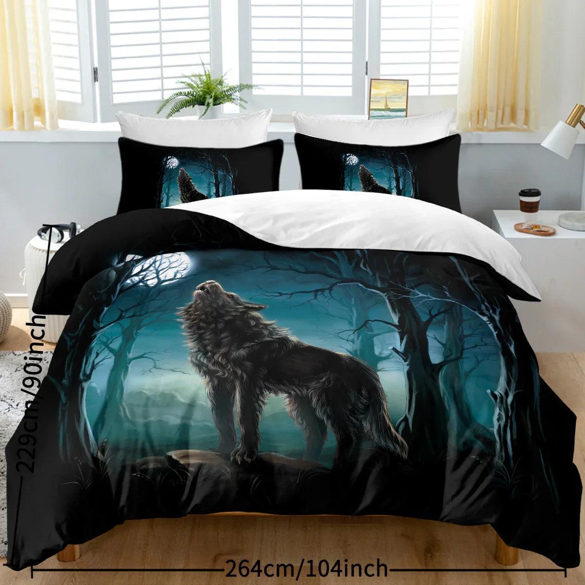 Moon Wolf Duvet Cover Set – Green Watercolor Forest Wolf Bedding | 3-Piece Microfiber | Twin Full King