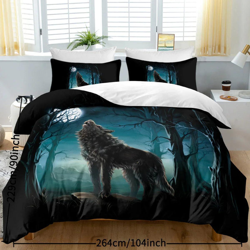 Moon Wolf Duvet Cover Set – Green Watercolor Forest Wolf Bedding | 3-Piece Microfiber | Twin Full King