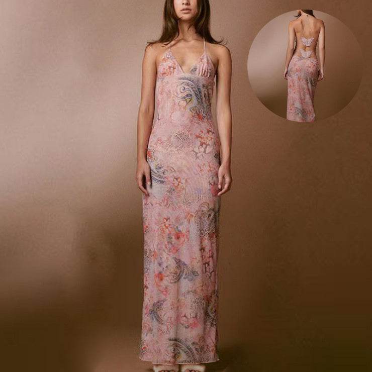 Halter neck Spaghetti Backless Butterfly Design Spring Summer long dress