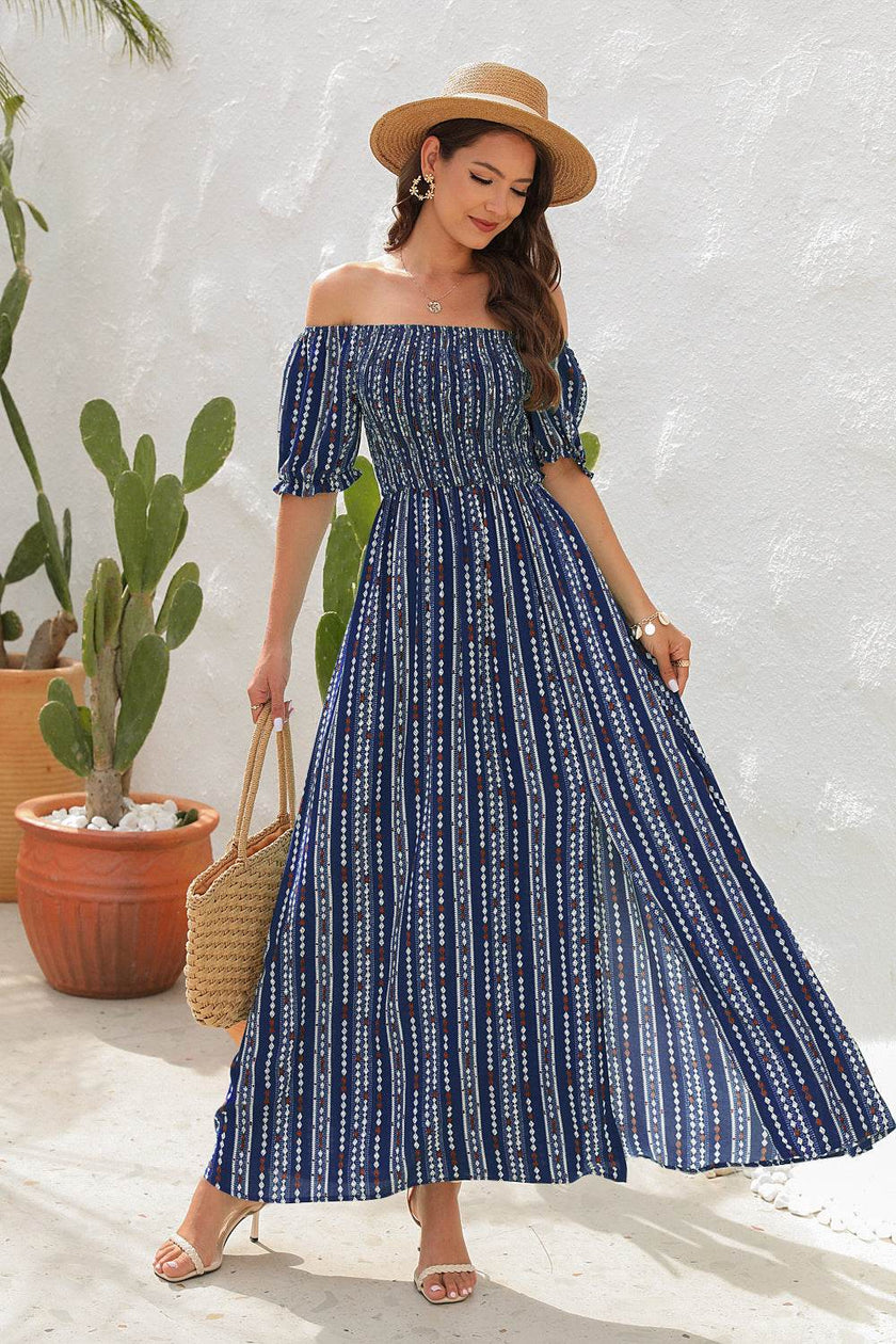 Elegant Off shoulder Spring Summer Maxi dress Slit Chiffon maxi dress for Beach vacation resort travel