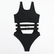 Women's Waist Hollow-out One-Piece Swimsuit | Black Nylon Spandex Swimwear S-L