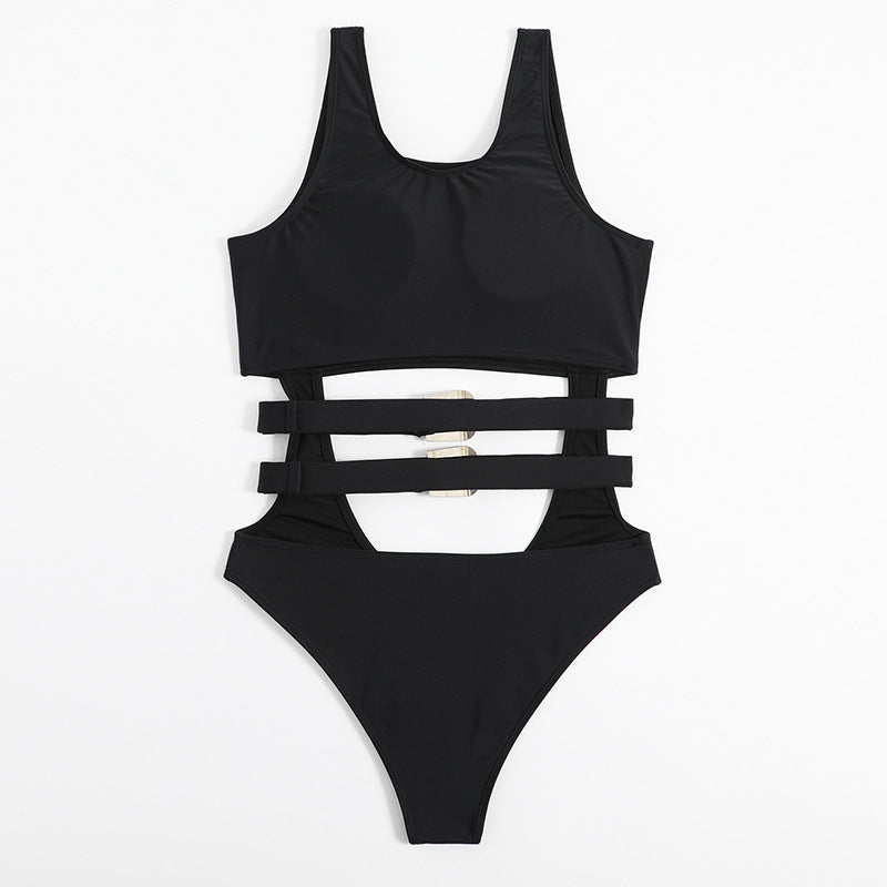 Women's Waist Hollow-out One-Piece Swimsuit | Black Nylon Spandex Swimwear S-L