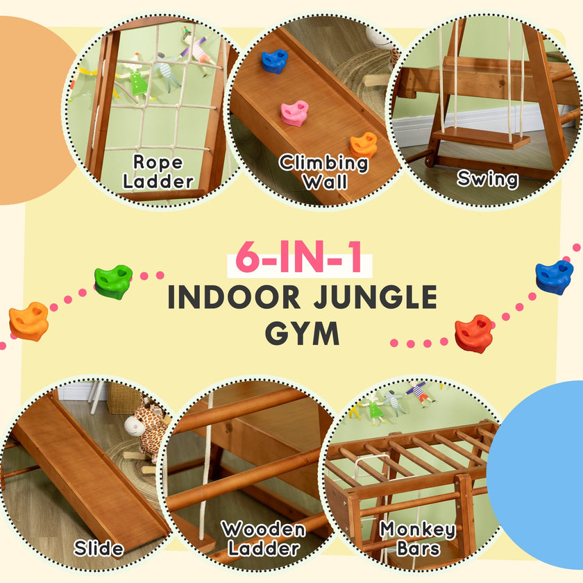 Qaba 6-in-1 Children's Jungle Gym Indoor Playground with Slide Climbing Wall Swing Monkey Bars for Kids Play Area