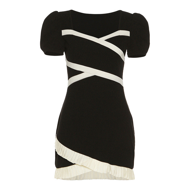 Women's Solid Color Slim High Waist Lace Square Collar Dress – A-Line Summer Dress