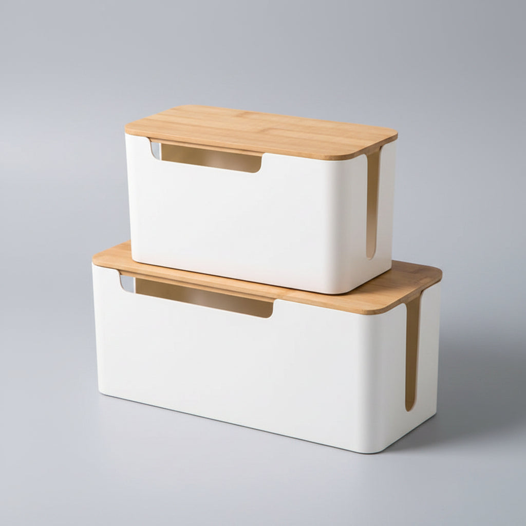 Bamboo Lid Cable Management Box – Desktop Power Strip & Cord Organizer | Medium