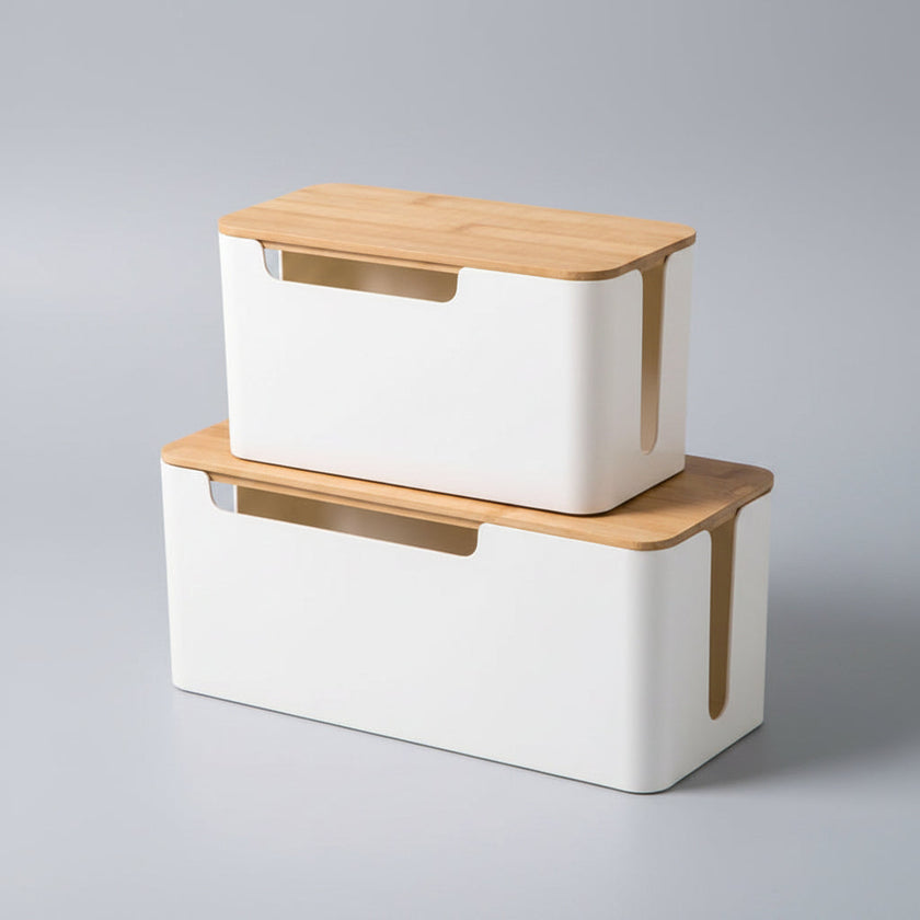 Bamboo Lid Cable Management Box – Desktop Power Strip & Cord Organizer | Medium
