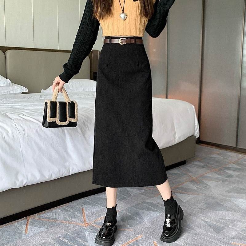 French-style Back slit High waist Midi Corduroy pencil Skirt for women
