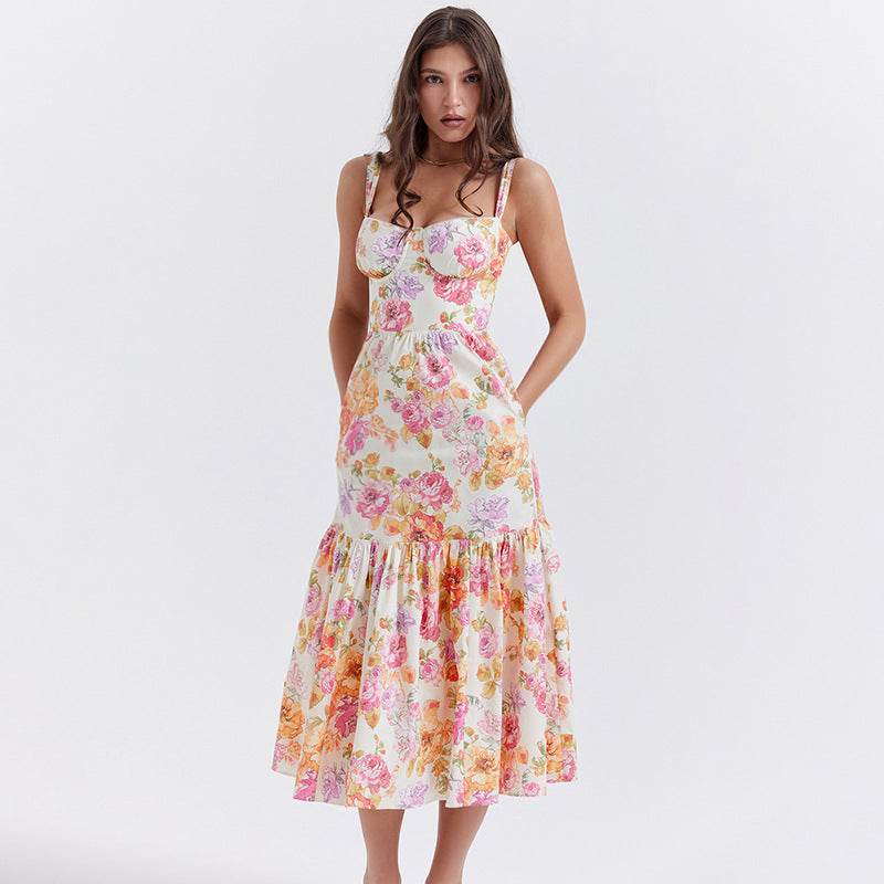 Spring And Summer Comely Pastoral Style Sling Floral A Swing Cake Dress