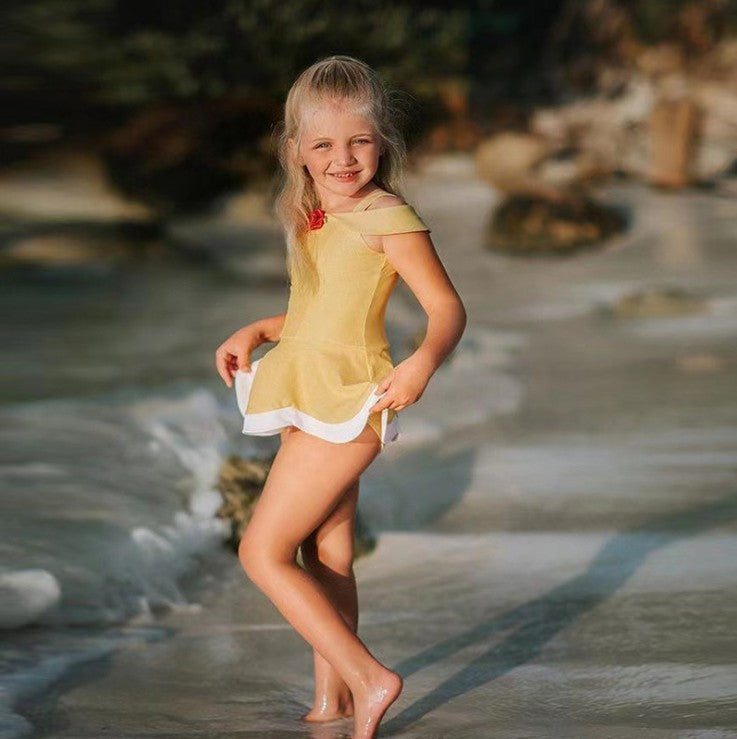 Kids Two-Piece Swimsuit Set – Girls Polyester Swim Top & Shorts in 5 Styles (Size 100–140)