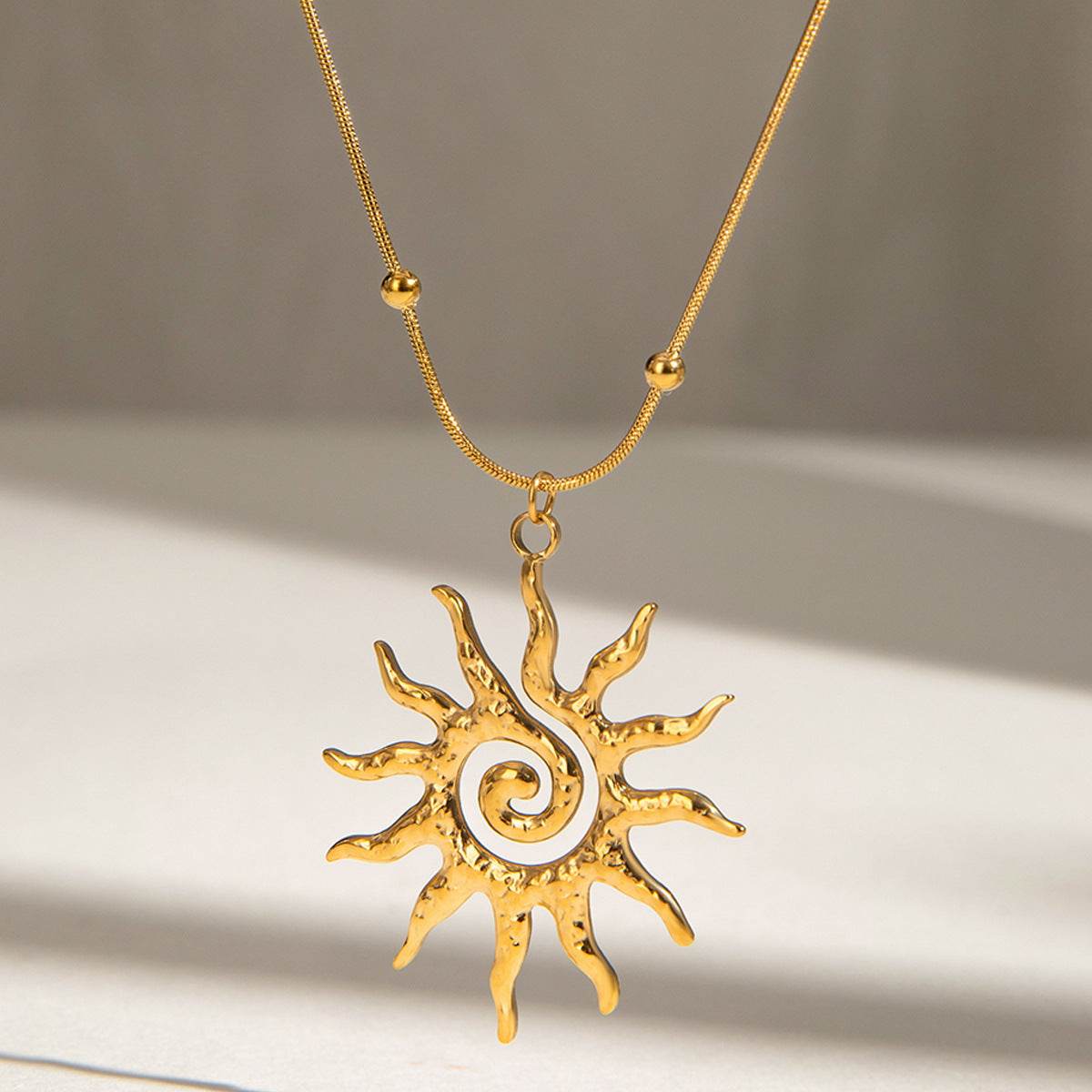 Stainless Steel Necklace - Hammered Spiral Sun Pendant Necklace