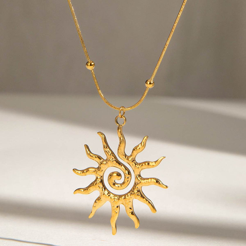 Stainless Steel Necklace - Hammered Spiral Sun Pendant Necklace