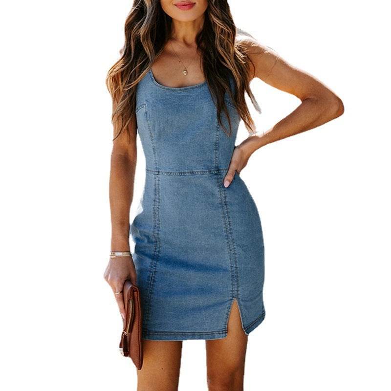 Women's  hot sleeveless Jeans Denim Mini fitted Dress Women's Tight Back side split