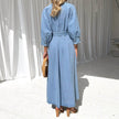 V-neck Lace-up Waist Trimming Casual Button Denim Dress
