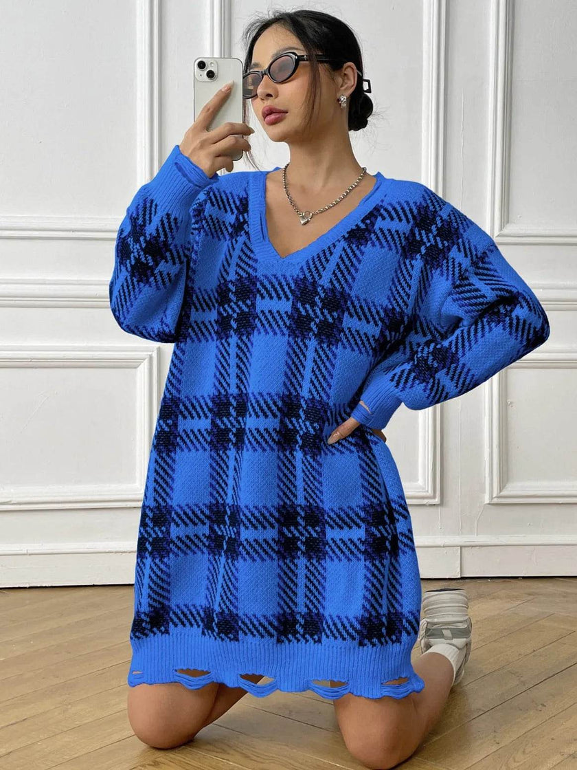Deer Plush V-neck Long Sleeve Plaid Winter Jumper Mini dress