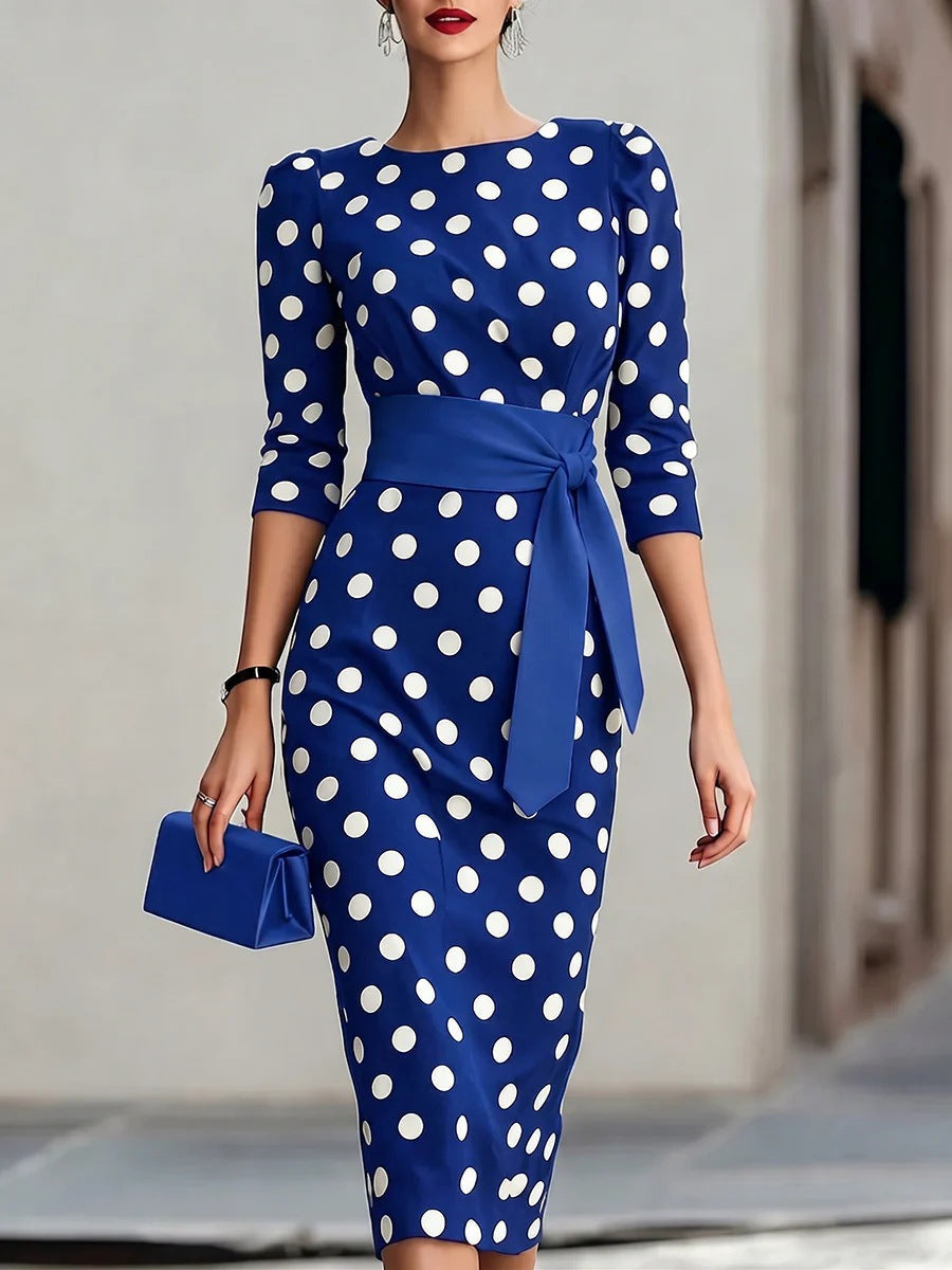Retro Polka-Dot Belted Bodycon Dress – Elegant Knit Midi Dress for Women Canada
