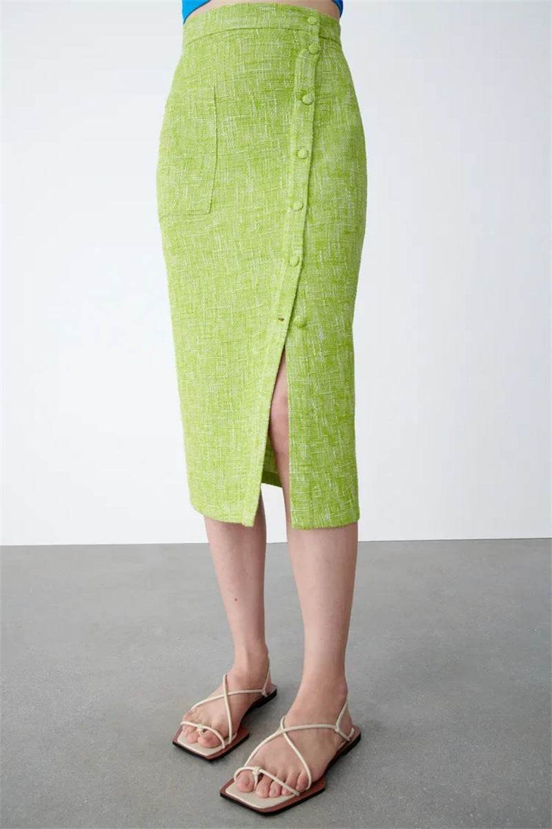 Women's Green Textured Slit High Waist Slit Midi Skirt green