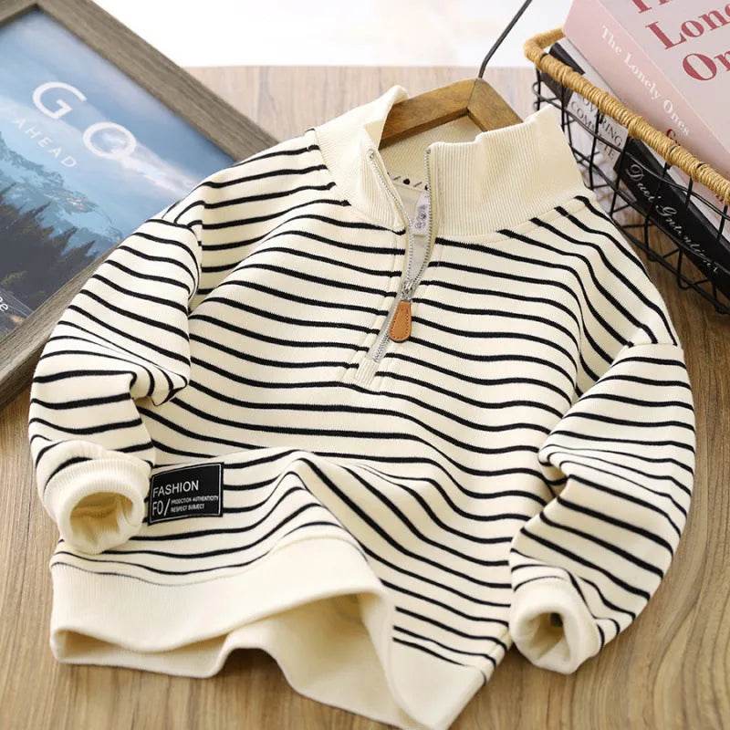 Kids Striped Zip Sweatshirt, Polo Collar Pullover Top