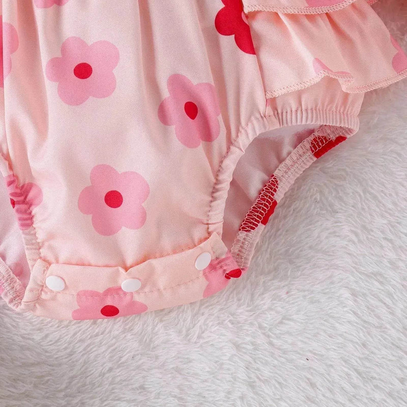 One-piece Romper Pants Bow Headdress Suit Baby girl casual pink romper with head bowtie