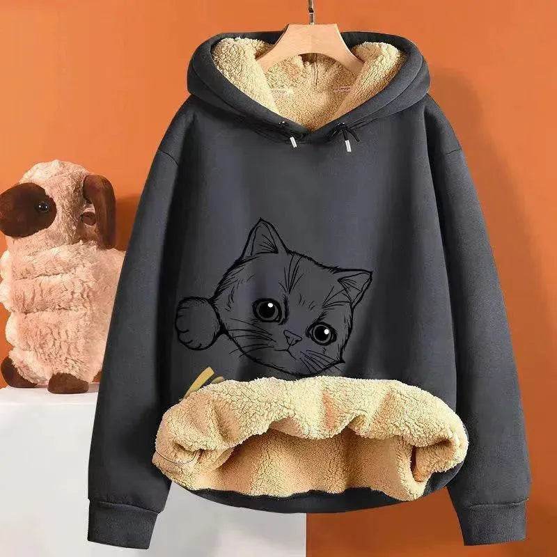 Women’s Oversized Fleece Hoodie – Cute Cat Graphic Sherpa Lined Pullover Sweatshirt with Pocket