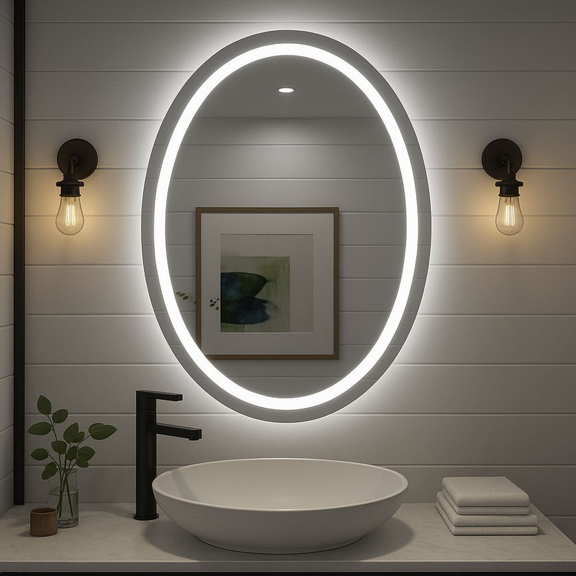 Noir Éclipse Oval LED Bathroom Mirror — Front Glow Frosted Ring + Back-Lit Halo, Dimmable, Anti-Fog & Memory (3000K/4000K/5000K) | 24