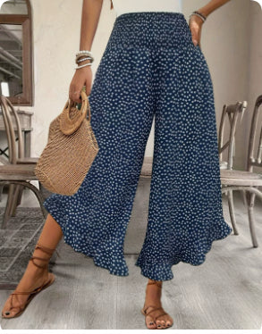 Women's Floral Smocked High Waist Wide Leg Palazzo Pants – Boho Casual Trousers S–XXL