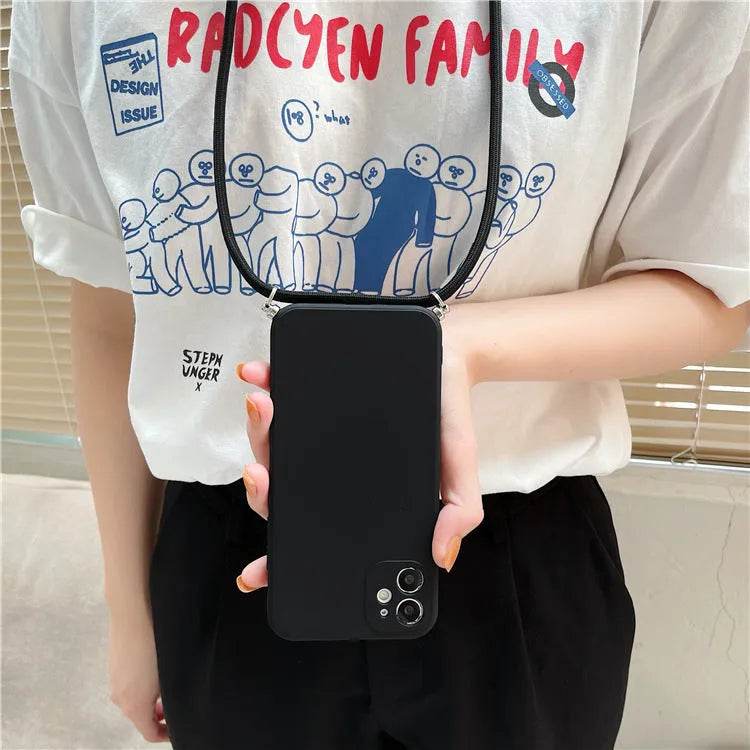 Solid Color Diagonal Lanyard Phone Case Silicone Couple Phone Case