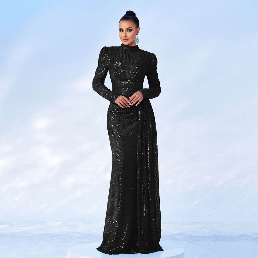 Long Sleeve Round Neck Slim Long Sequined Banquet Dress