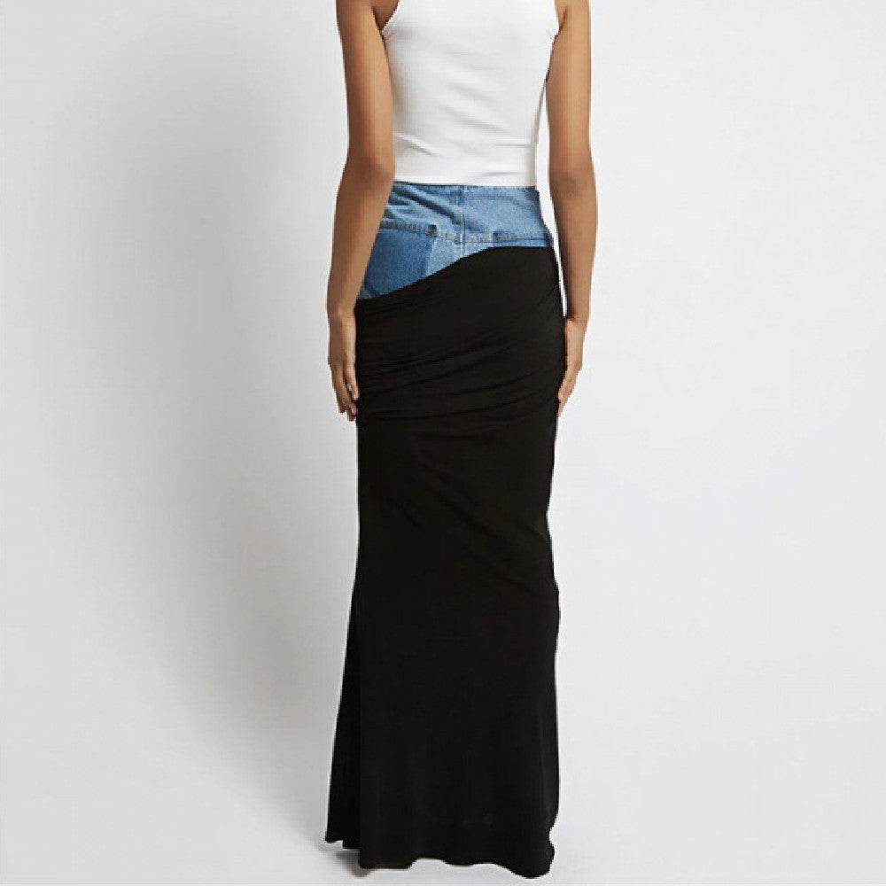 Fashion Black Panel Long Pencil Denim Skirt