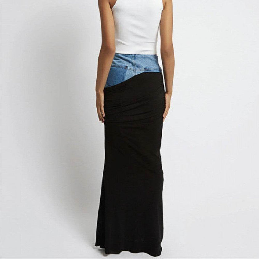 Fashion Black Panel Long Pencil Denim Skirt